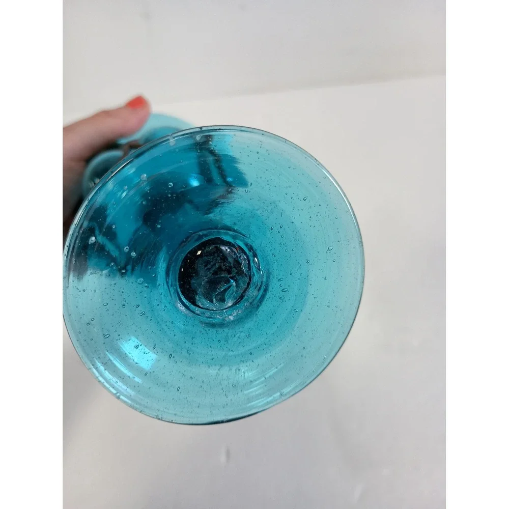 Vintage Hand Blown Glass Goblet Candle Holder Blue Wrought Iron Cage 9in